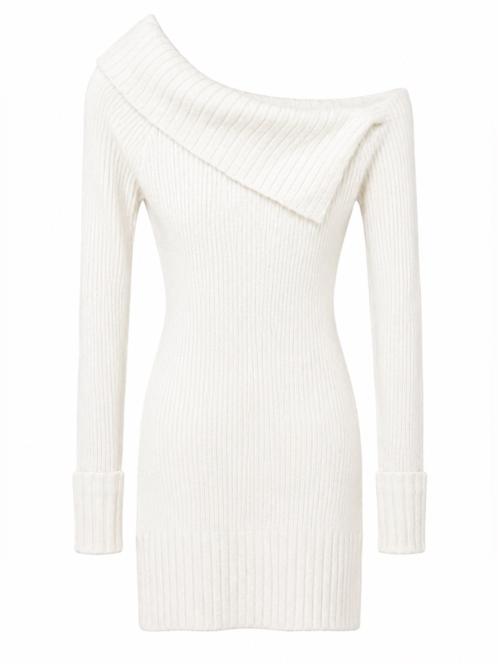 Meshki Ivory Off-Shoulder Ribbed Knit Sweater Dress